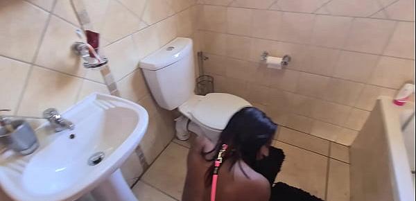  Desi whore gets walked like a dog to the toilet to get her face pissed on and sucks cock